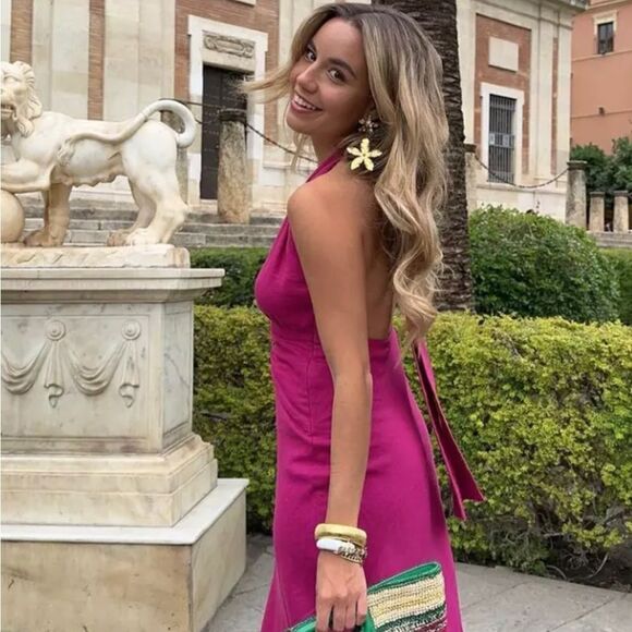 Zara Fushia Purple Linen Blend Halter Maxi Summer Party Wedding Dress - Picture 7 of 16